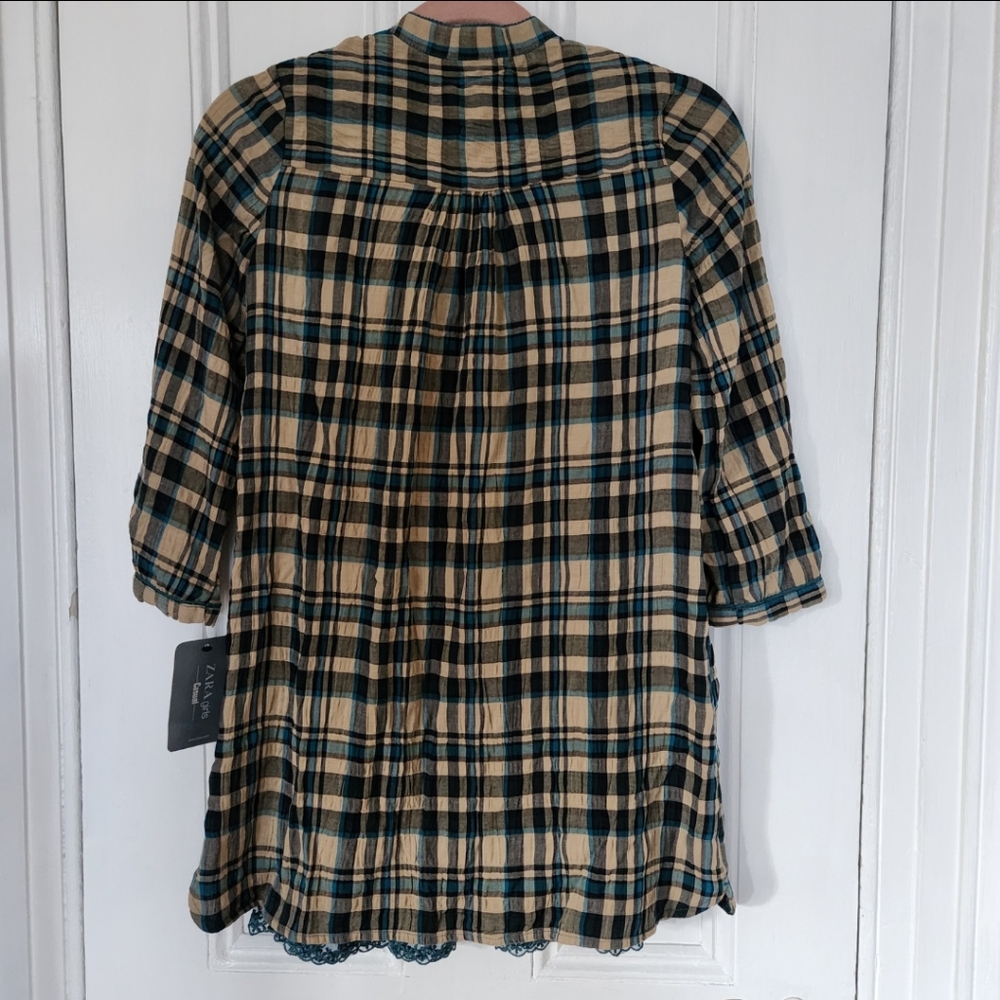 Zara Girls Tan & Green Plaid Button-Up Long Sleeve Peasant Dress - Picture 2 of 7